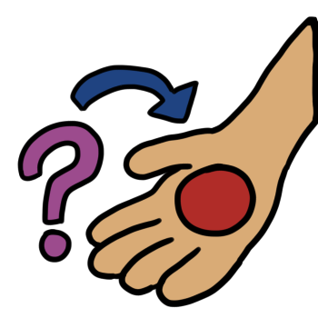 a pale hand with a red ball in its hand is pointed at by a blue arrow and a purple question mark